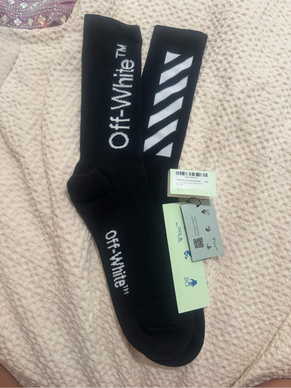 Off-White Black Crew Socks with White Logo and Diagonal Stripe